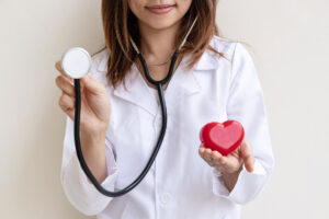 Young female doctor holding a stethoscope and heart model.