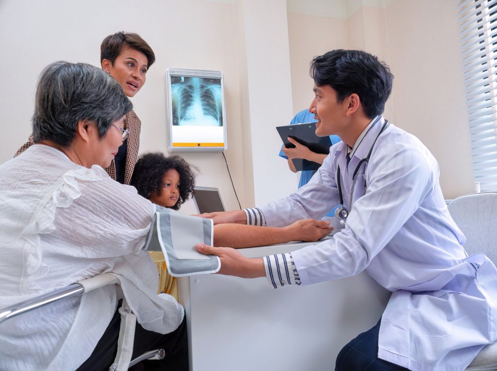 Grandmother having a routine health screening at the hospital.